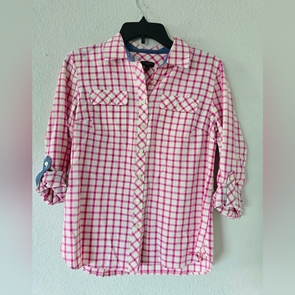 Talbots Shiry Womens Sz PM Pink White Plaid Button Up Minimalist Roll Tab Sleeve - Picture 3 of 10